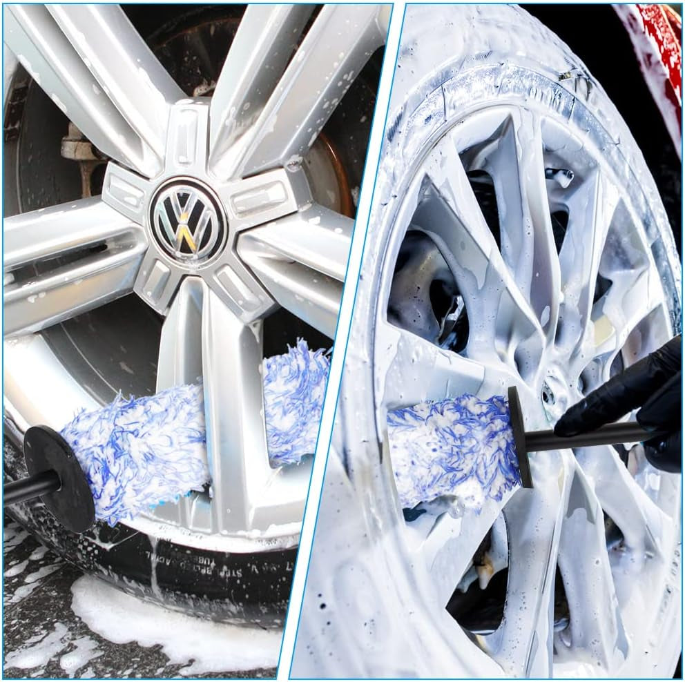 URAQT Felgenbürste Alufelgen, Premium Mikrofaser Felgen Bürste Für Eine Besonders Schonende Reinigung Bis Ins Felgentiefbett, Lange Profi Auto Reinigung Felgenreinigungsbürste (Blau)