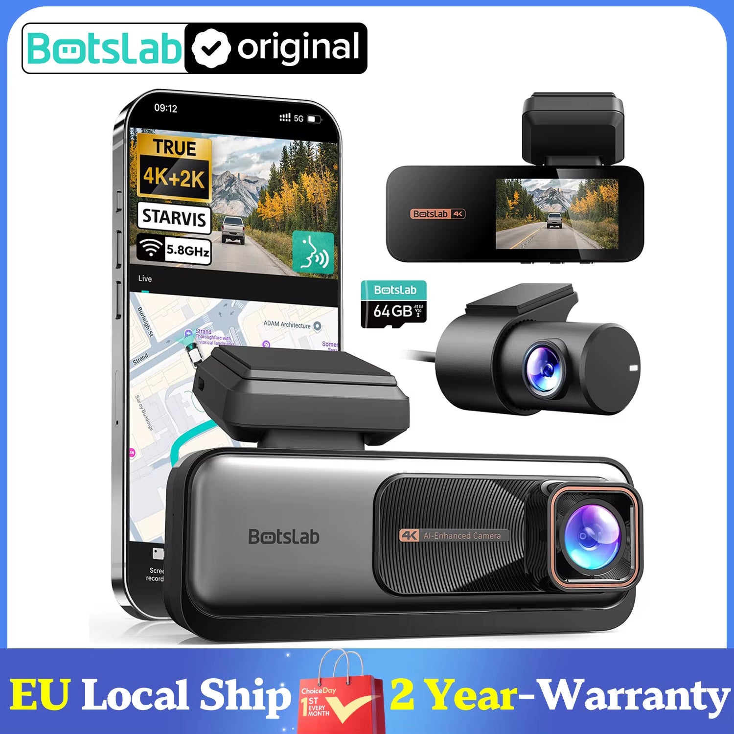 4K HD Dash Cam Front and Rear Dual Channel,170° Ultra Wide Dashcam with ADAS GPS Night Vision,24/7 Parking Loop Recording