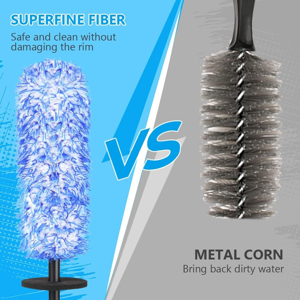URAQT Felgenbürste Alufelgen, Premium Mikrofaser Felgen Bürste Für Eine Besonders Schonende Reinigung Bis Ins Felgentiefbett, Lange Profi Auto Reinigung Felgenreinigungsbürste (Blau)